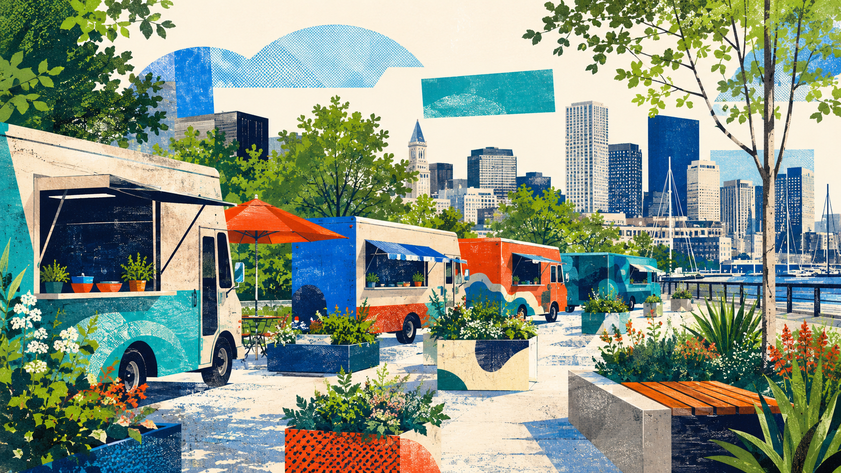 Stylized illustration of several unbranded food trucks beside a landscaped waterfront park, with trees, planters, downtown buildings, and harbor shapes in bright blue, teal, orange, green, and cream.