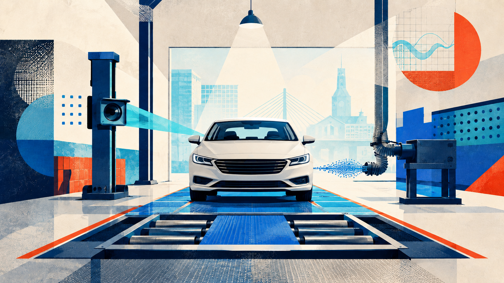 Stylized illustration of an unbranded cream sedan centered on inspection rollers inside a bright test bay, with diagnostic light beams, emissions equipment, and abstract Boston architecture.