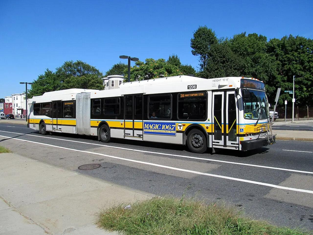 An MBTA Route 28 bus traveling on Blue Hill Avenue in Mattapan