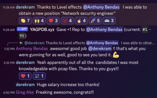 Screenshot of derekram’s Discord post about starting as Network Security Engineer.