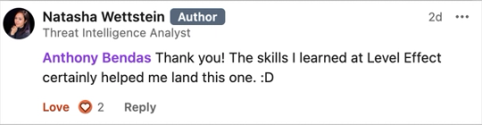 Screenshot of Natasha Wettstein’s LinkedIn post about starting as Threat Intelligence Analyst.