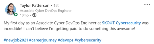 Screenshot of Taylor Patterson’s LinkedIn post about a new security role.