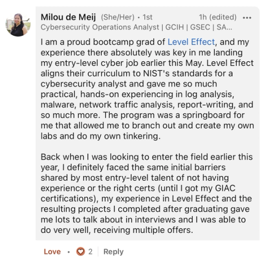Screenshot of Milou de Meij’s LinkedIn post about a new security role.