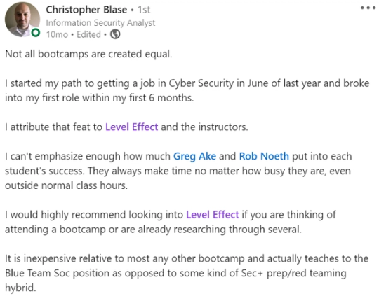 Screenshot of Christopher Blase’s LinkedIn post about a new security role.