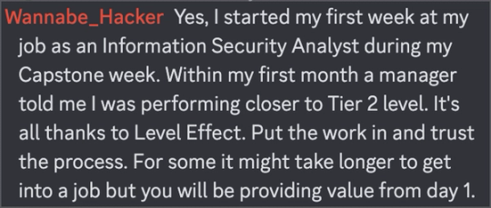 Screenshot of Wannabe_Hacker’s Discord post about starting as Information Security Analyst.