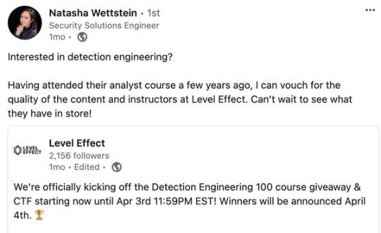 Screenshot of Natasha Wettstein’s LinkedIn post. A former analyst-course student vouches for Level Effect's content and instructors years later.