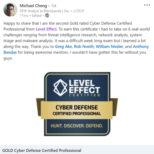 Screenshot of Michael Cheng’s LinkedIn post. Became the second Gold-rated CDCP after a week-long exam of six real-world challenges.