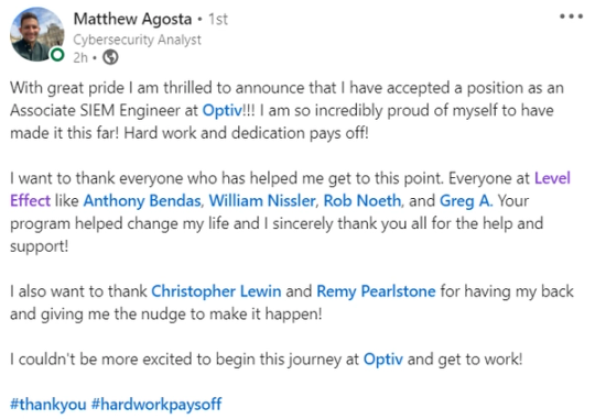 Screenshot of Matthew Agosta’s LinkedIn post about a new security role.