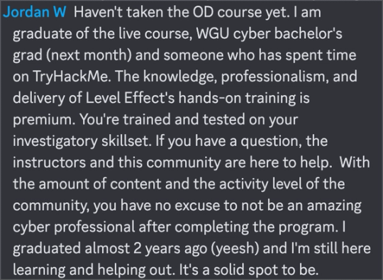 Screenshot of Jordan W’s Discord post. Live-course graduate (and soon WGU grad) calls the hands-on training premium and is still active in the community two years later.