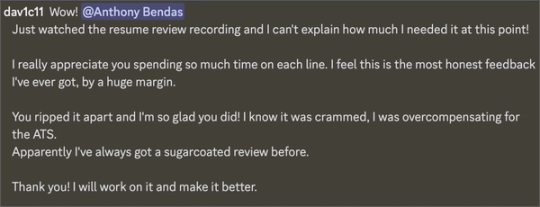 Screenshot of dav1c11’s Discord post. Resume review recording gave the most honest, line-by-line feedback they have ever received.