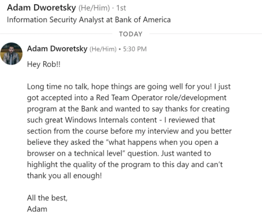 Screenshot of Adam Dworetsky’s LinkedIn post about starting as Red Team Operator program at Bank of America.