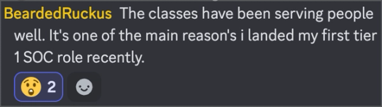 Screenshot of BeardedRuckus’s Discord post about starting as Tier 1 SOC Analyst.