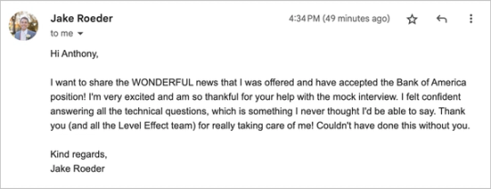 Screenshot of Jake Roeder’s Email post about a new role at Bank of America.