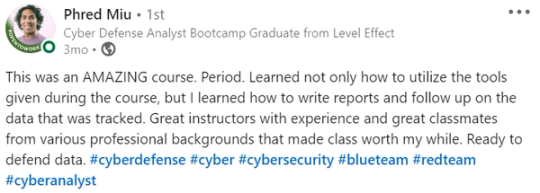 Screenshot of Phred Miu’s LinkedIn post. Learned the tools plus report writing and data follow-up; praises experienced instructors and diverse classmates.
