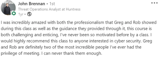 Screenshot of John Brennan’s LinkedIn post. Praises instructors Greg and Rob and calls the class challenging and the most motivating he has taken.