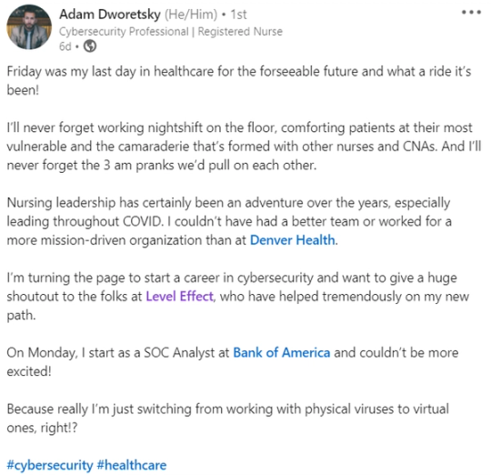 Screenshot of Adam Dworetsky’s LinkedIn post about a new security role.