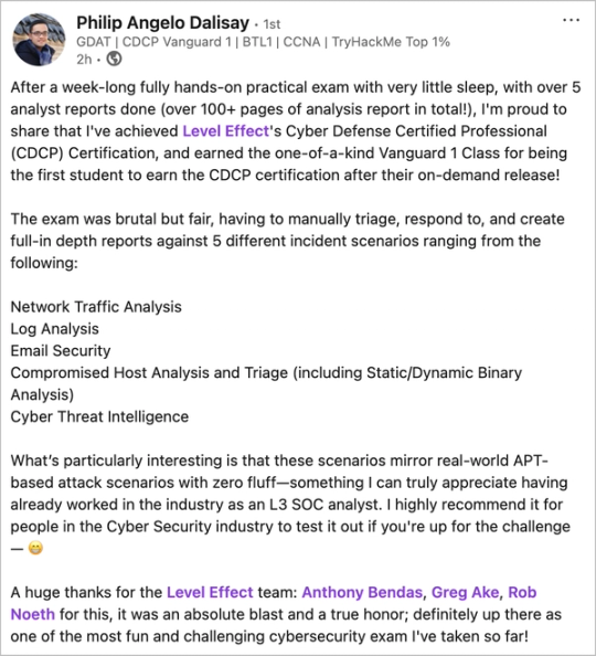 Screenshot of Philip Angelo Dalisay’s LinkedIn post. First student to earn the on-demand CDCP (Vanguard 1); an experienced L3 SOC analyst says the scenarios mirror real-world APT attacks.