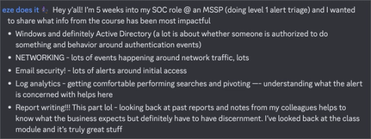 Screenshot of eze does it’s Discord post about starting as Level 1 SOC Analyst.