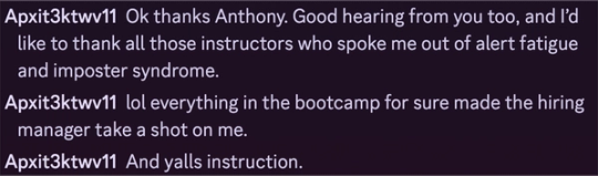 Screenshot of Apxit3ktwv11’s Discord post about starting as SOC Analyst.