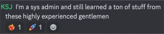 Screenshot of KSJ’s Discord post. A working sysadmin says he still learned a lot from the experienced instructors.