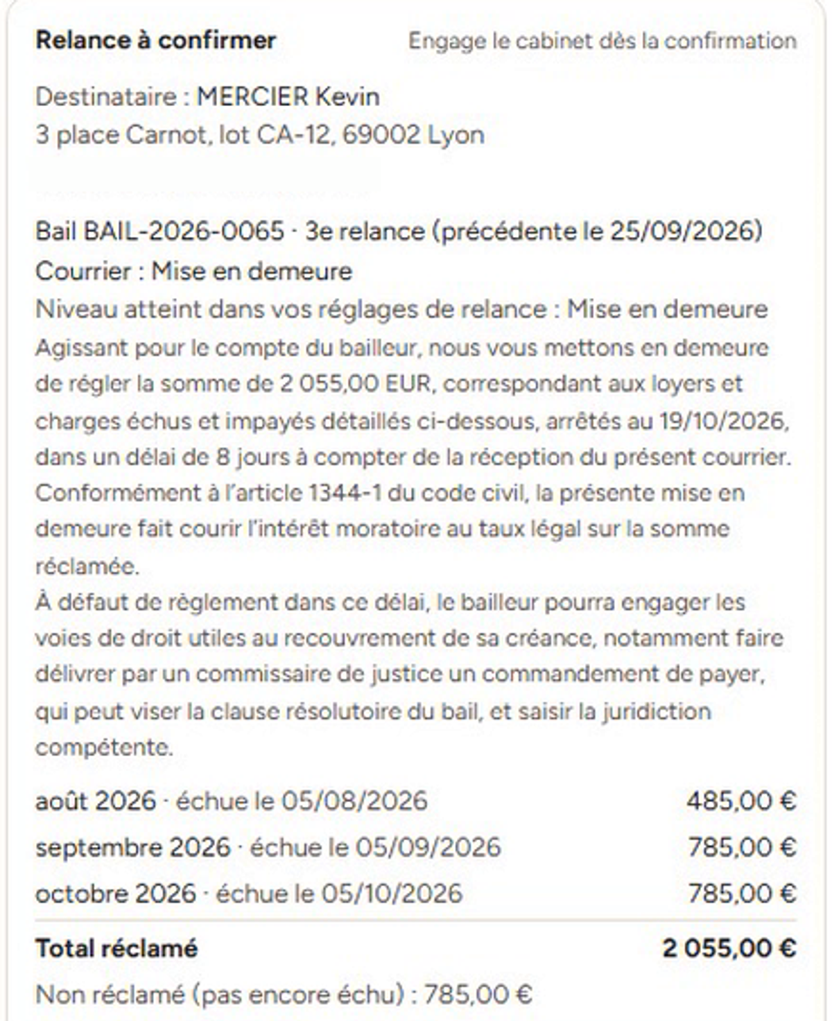 Écran des relances dans Hokto : trois locataires débiteurs à trois niveaux de relance, et le courrier de mise en demeure préparé par l’assistant, à relire avant tout envoi.