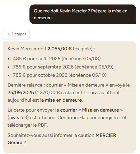 L’assistant de Hokto répond à « Que me doit Kevin Mercier ? Prépare la mise en demeure » avec le détail des échéances impayées, puis propose une relance à confirmer.