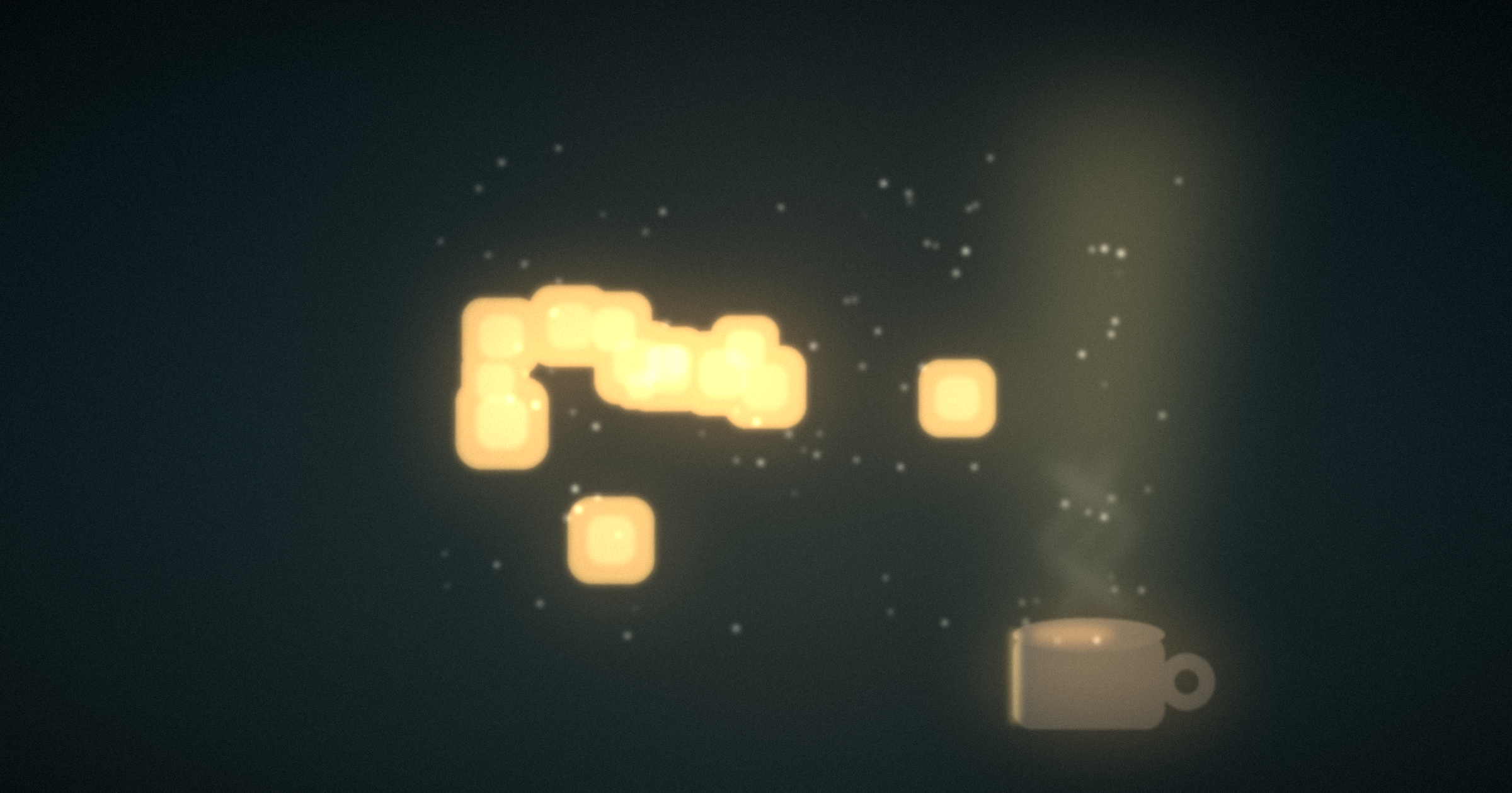 A warm weekend-morning scene in the dark: a steaming coffee cup at lower right sends up a column of light that blooms into a swarm of small glowing modular blocks assembling in mid-air.