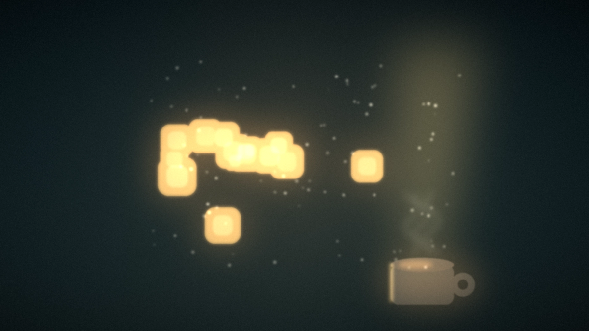 A warm weekend-morning scene in the dark: a steaming coffee cup at lower right sends up a column of light that blooms into a swarm of small glowing modular blocks assembling in mid-air.