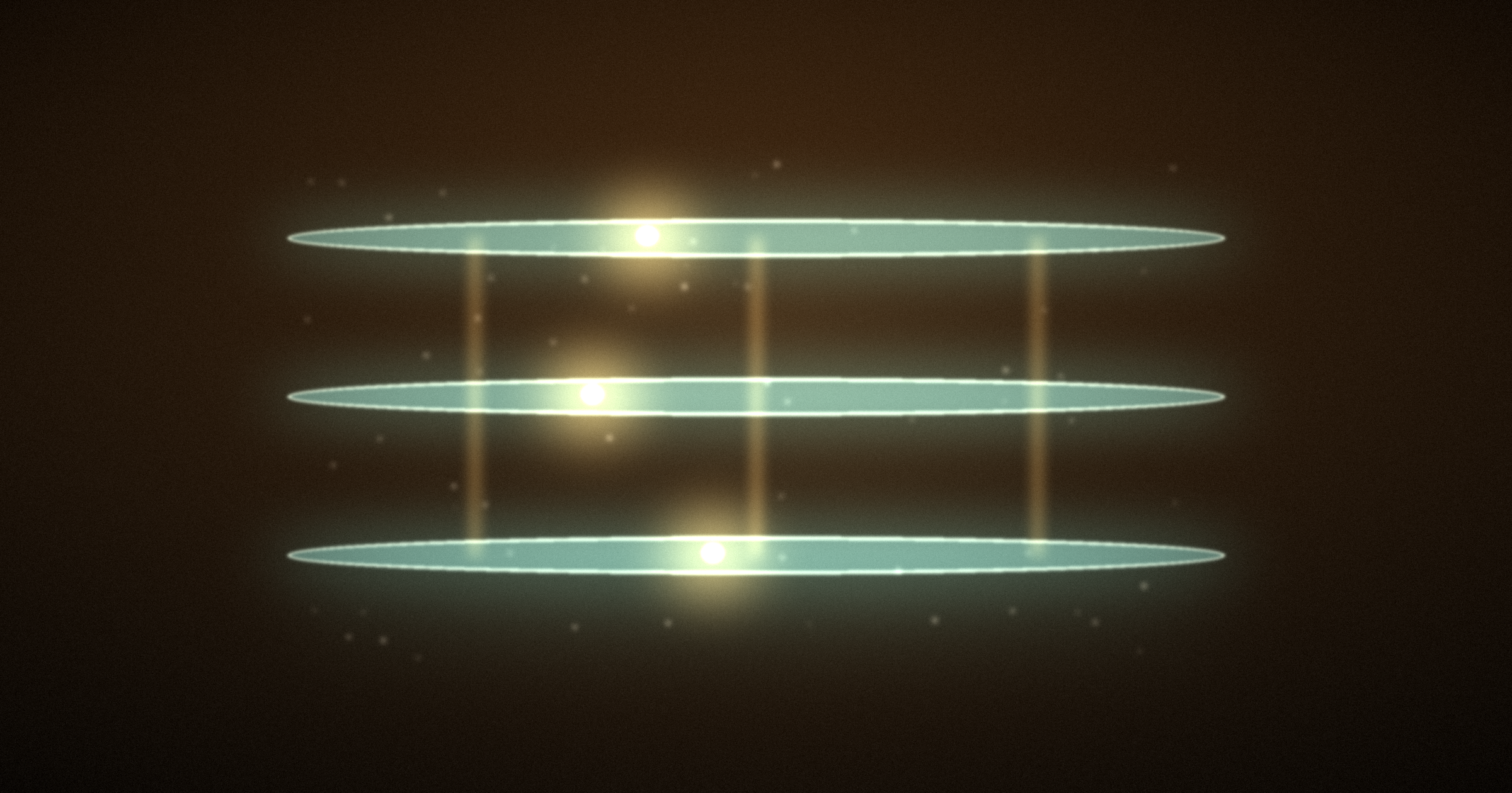 Three glowing translucent teal layers stacked in a warm amber dark, joined by luminous vertical seams, with a single bright agent-light resting inside each layer's own boundary.