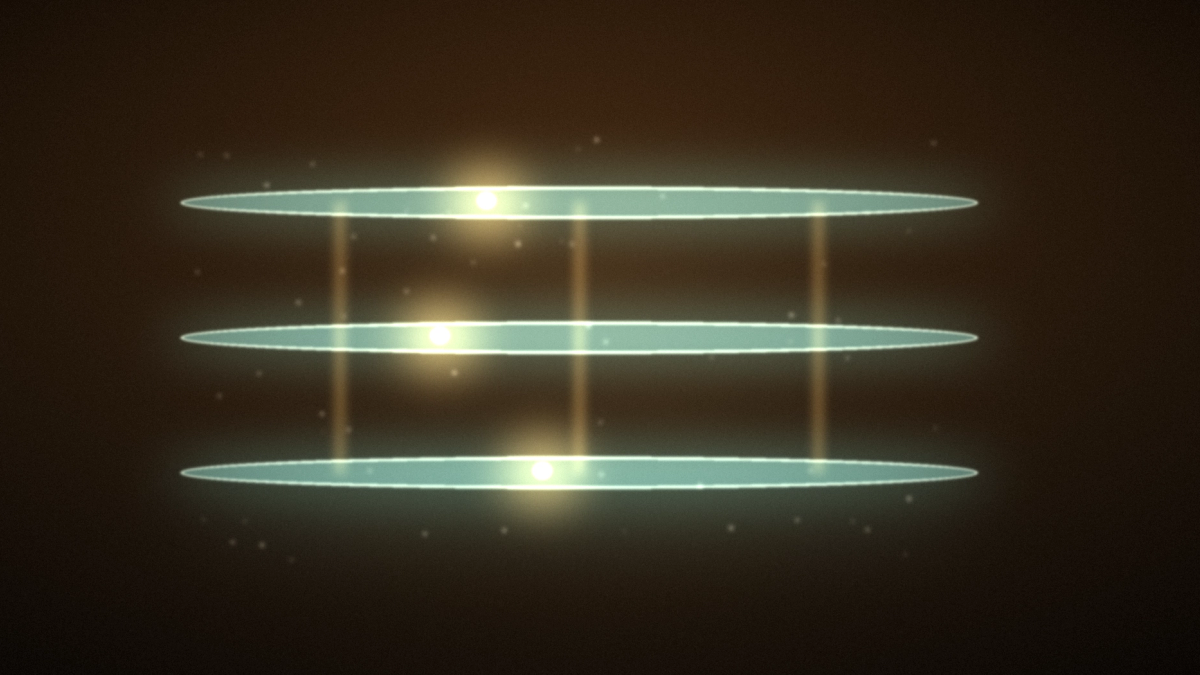 Three glowing translucent teal layers stacked in a warm amber dark, joined by luminous vertical seams, with a single bright agent-light resting inside each layer's own boundary.