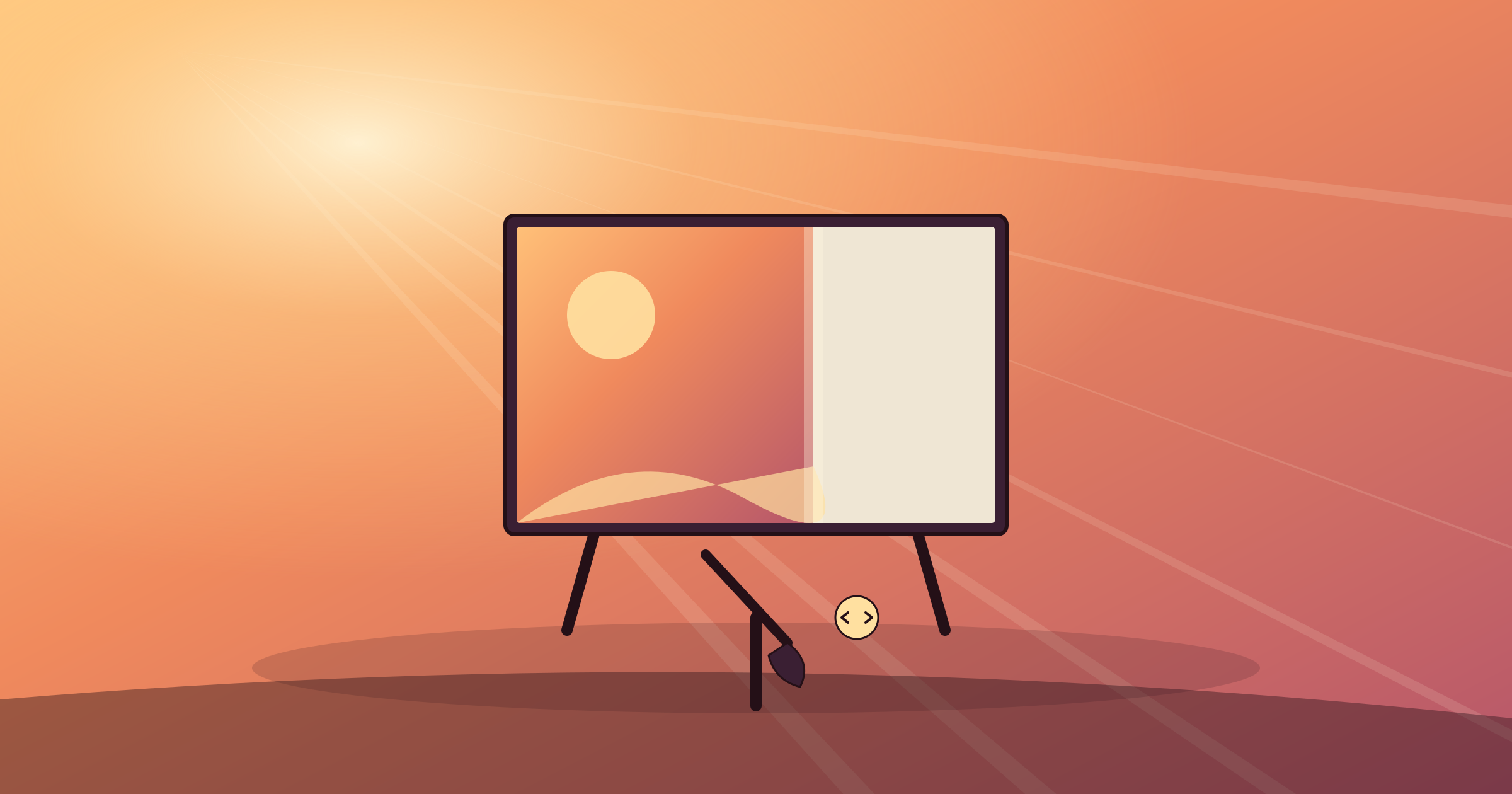 An empty ornate picture frame on an easel slowly filling with a glowing painted scene, brushes and code side by side in warm light.