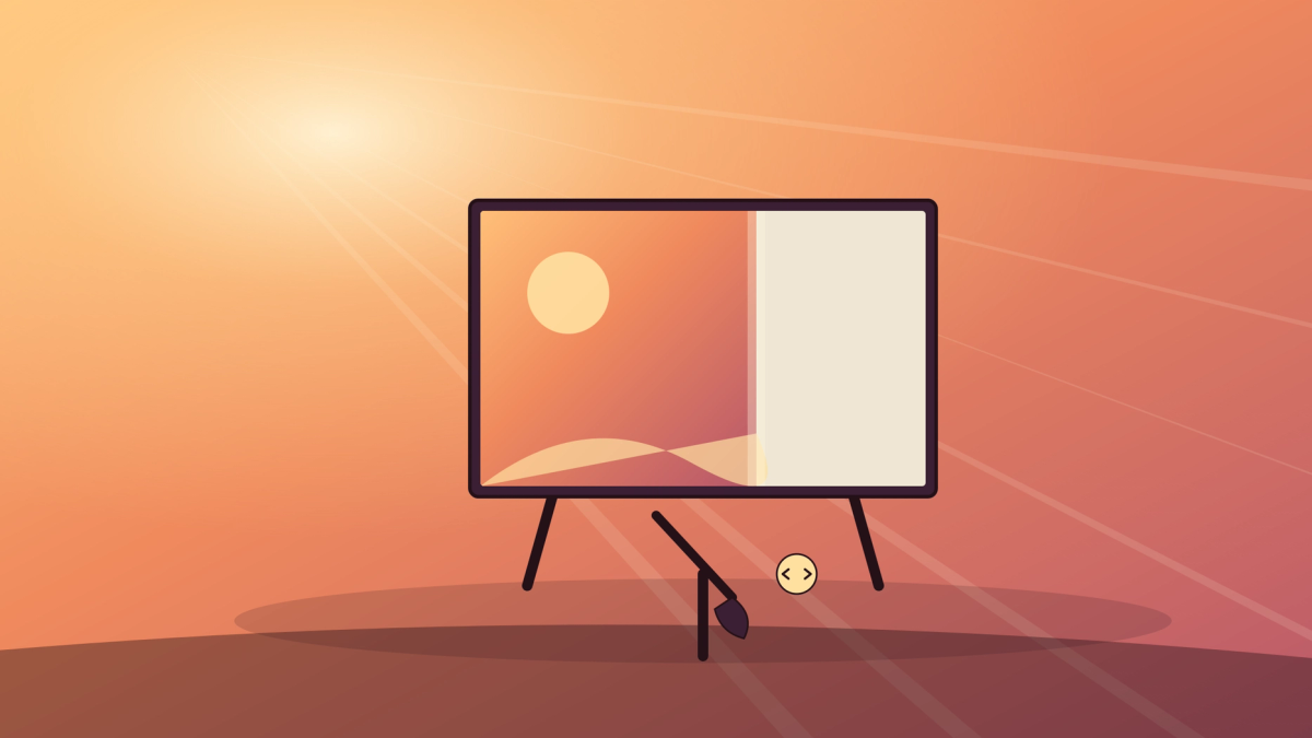 An empty ornate picture frame on an easel slowly filling with a glowing painted scene, brushes and code side by side in warm light.