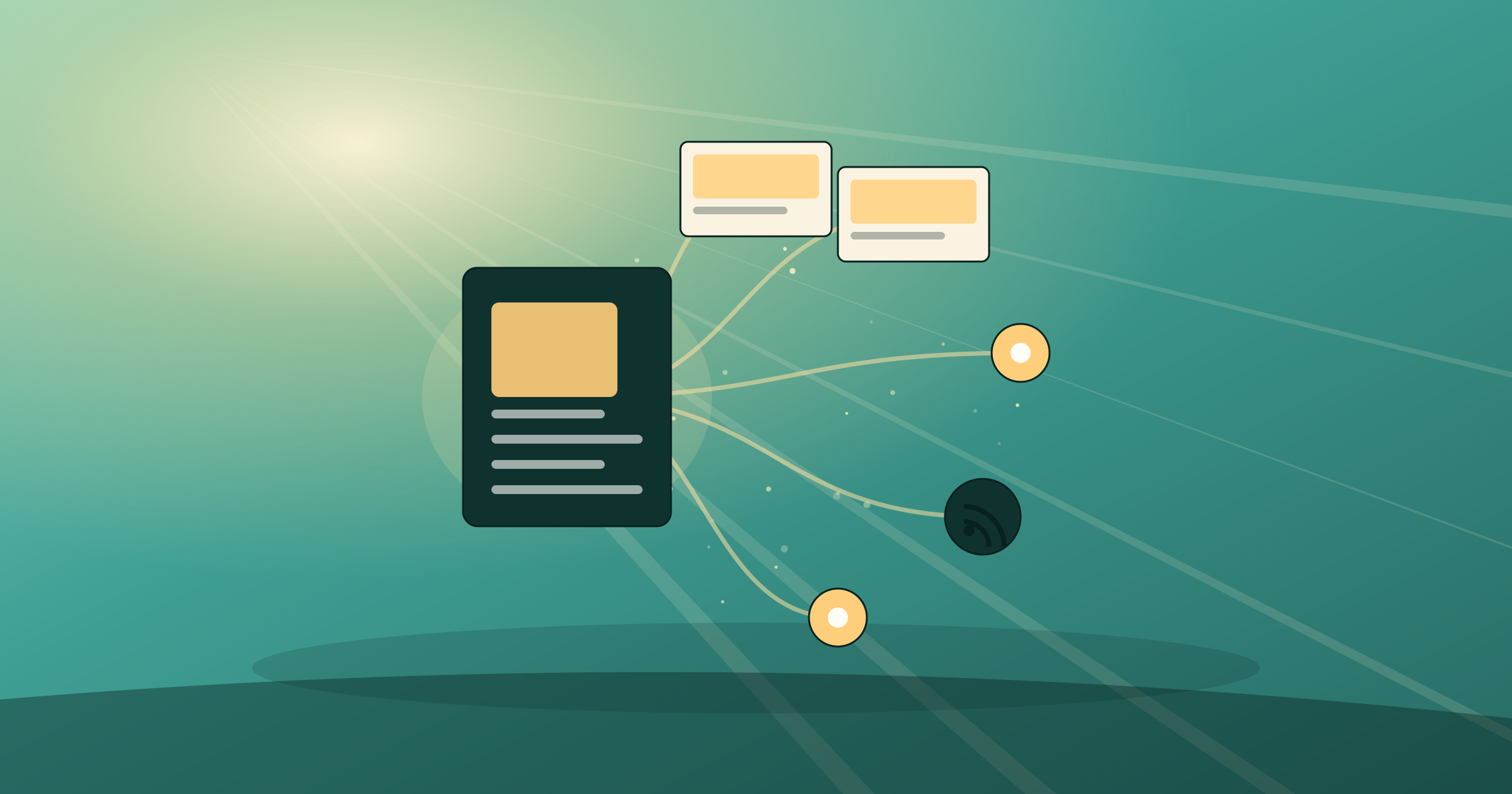 A single glowing content card radiating smaller cards — a social preview, a sitemap node, an RSS mark — all clearly born from the same source, warm tones.