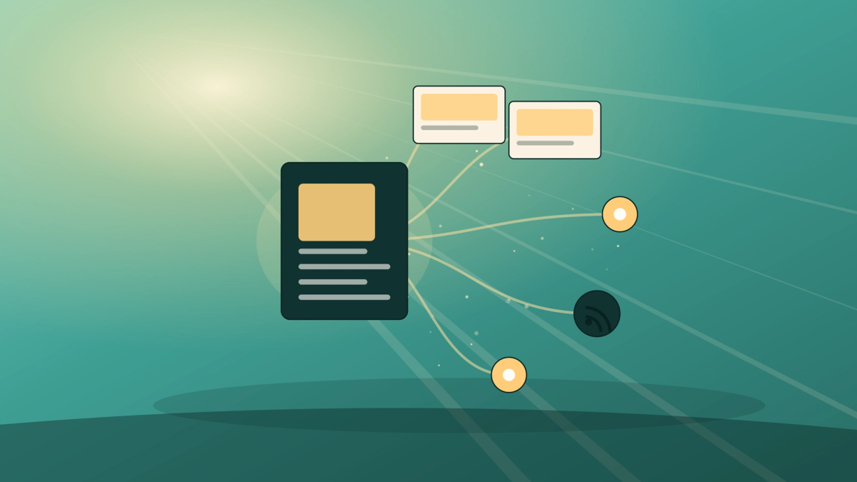 A single glowing content card radiating smaller cards — a social preview, a sitemap node, an RSS mark — all clearly born from the same source, warm tones.