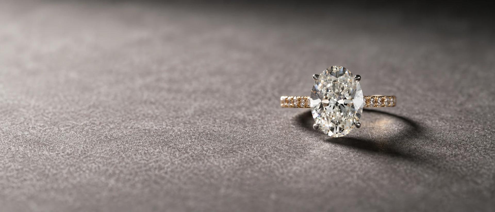 An oval diamond solitaire on a gold pave band