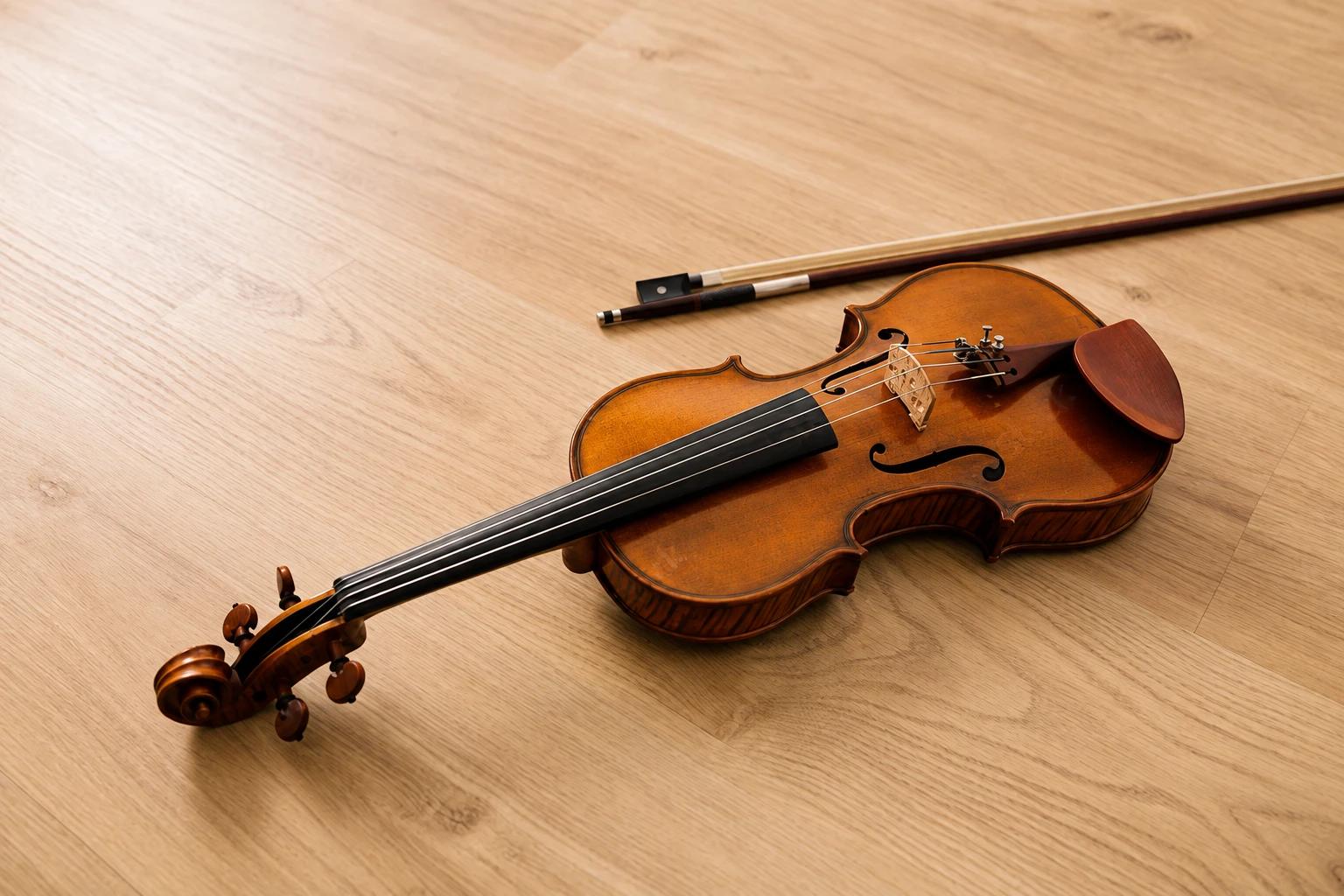 A violin and its bow laid on a pale wooden floor