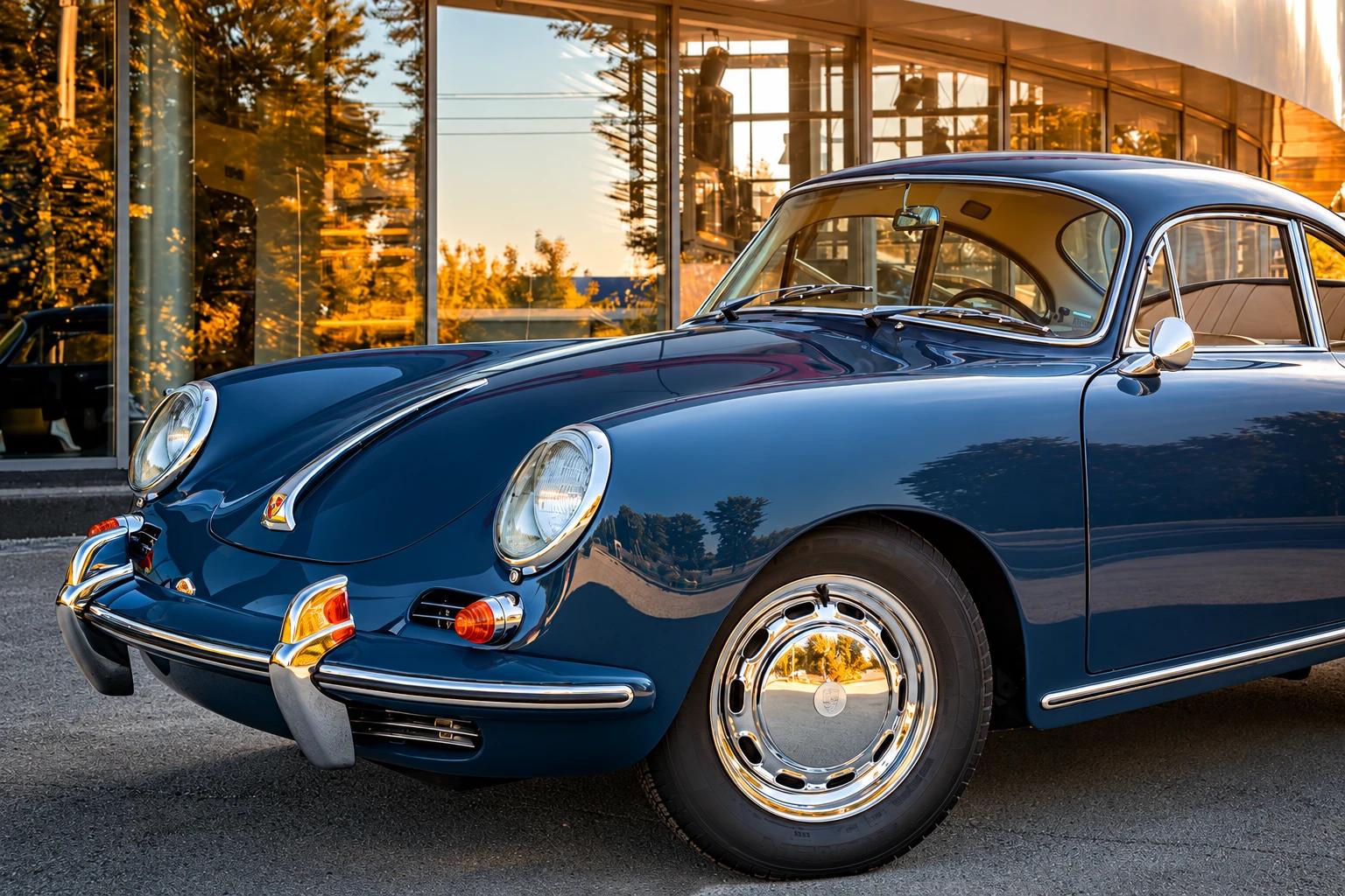 A blue Porsche 356 coupé parked in low evening light