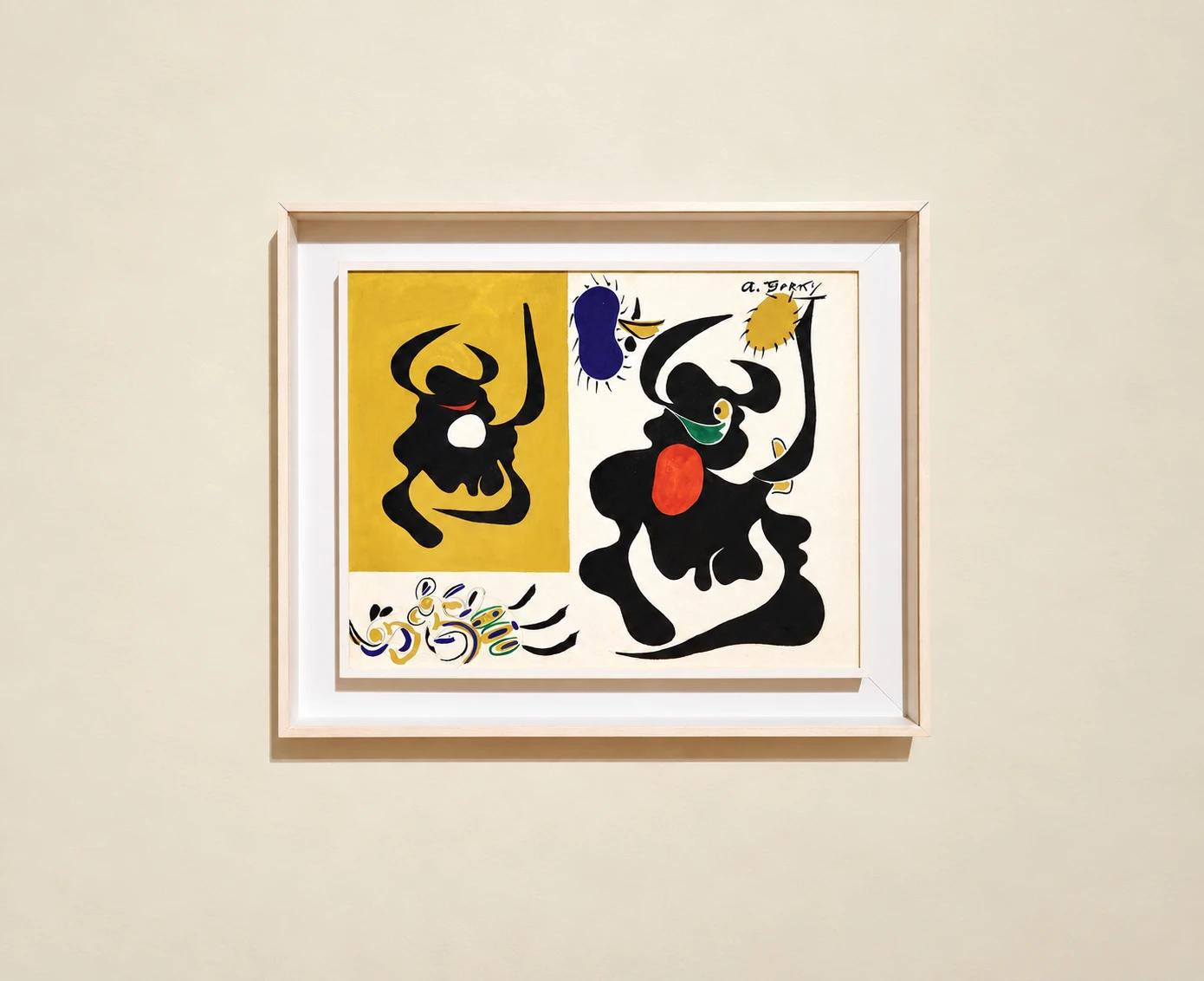 A framed mid-century abstract painting in black, yellow and red, hung on a pale wall