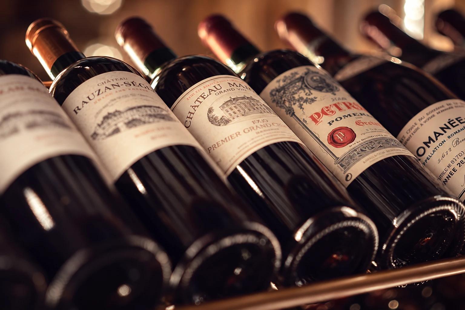 Bottles of fine Bordeaux and Burgundy lying in a cellar rack
