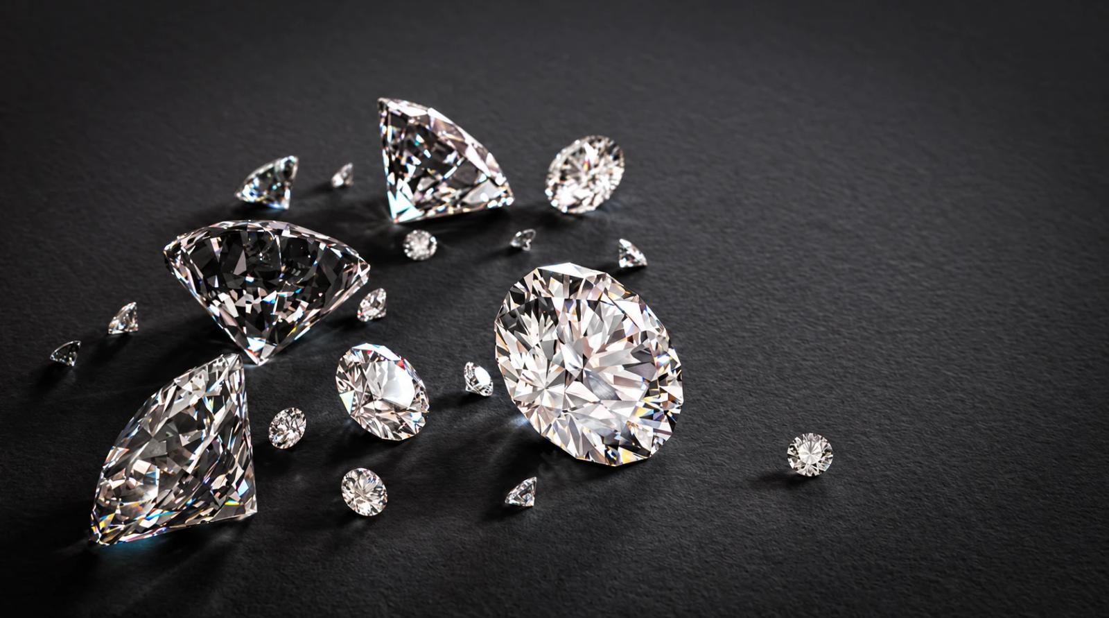 Loose brilliant-cut diamonds of several sizes on a dark ground