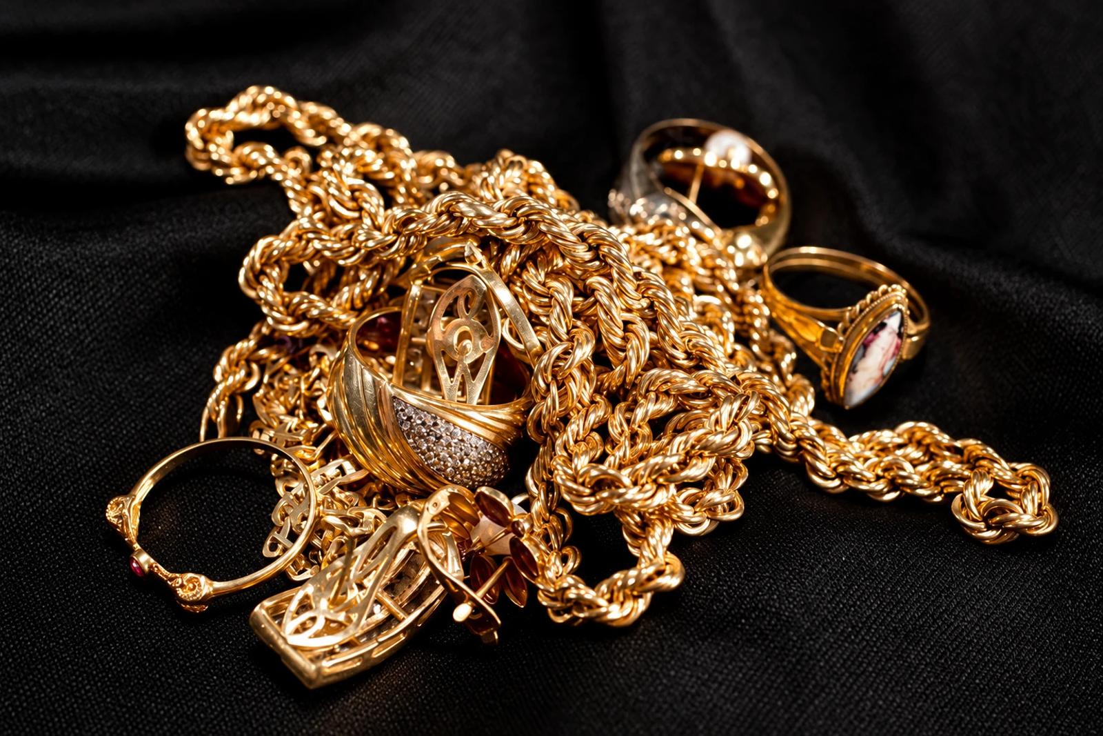 A pile of gold rope chains, rings, a bangle and brooches on black cloth