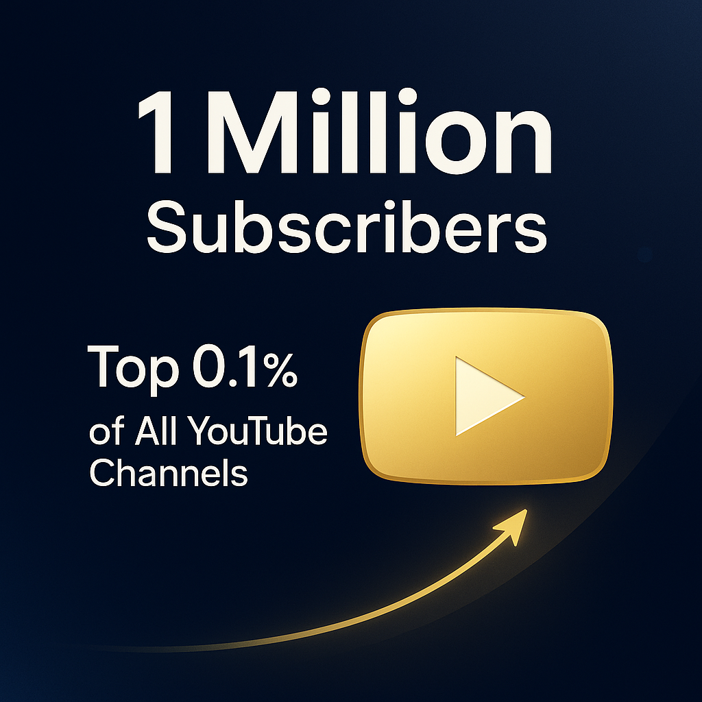 infographic reading “1 Million Subscribers = Top 0.1% of All YouTube Channels” with a gold-accented upward curve and a large gold YouTube Play Button on a dark blue background.