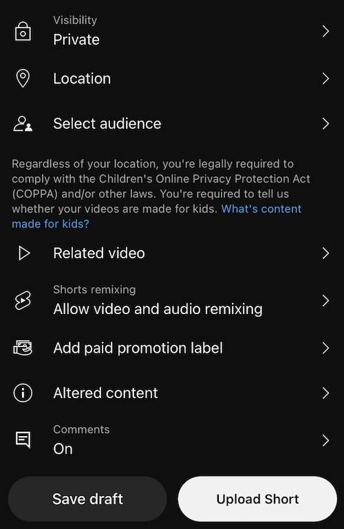 privacy settings on YouTube Shorts uploader