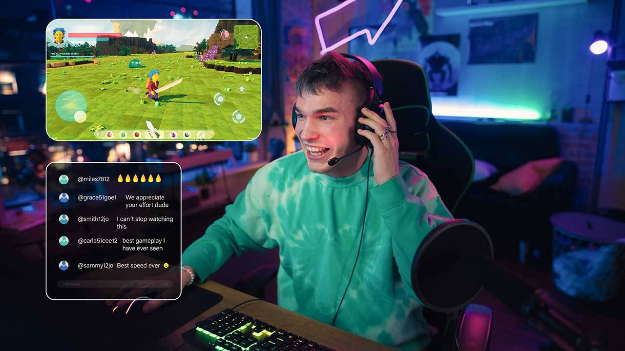male YouTube livestreamer having fun and engaging with the chat