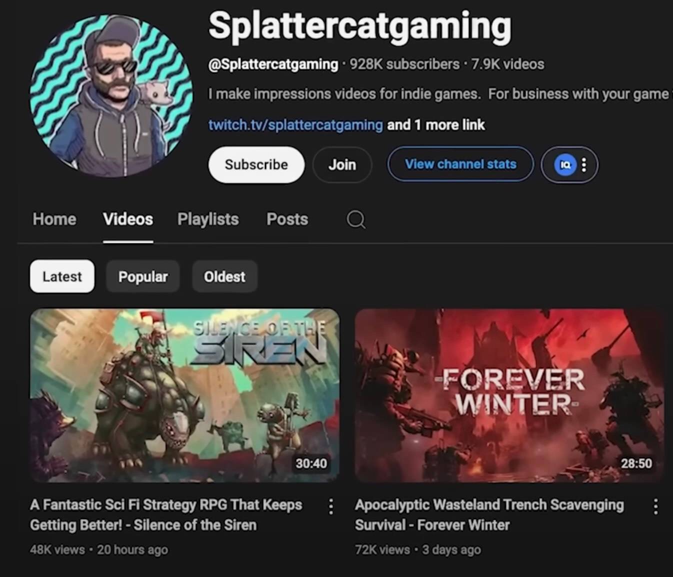 A screenshot of Splattercat Gaming's YouTube Channel