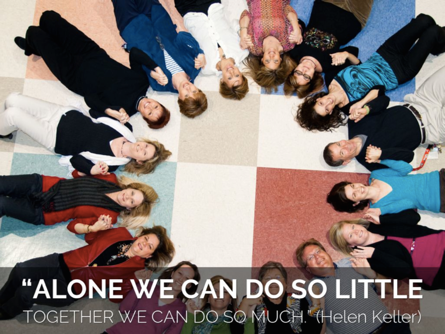 Group of people lying in a circle holding hands with Helen Keller teamwork quote overlay