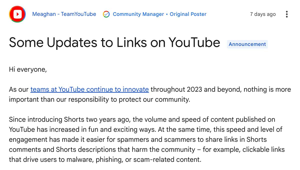 YouTube's update about clickable Shorts links