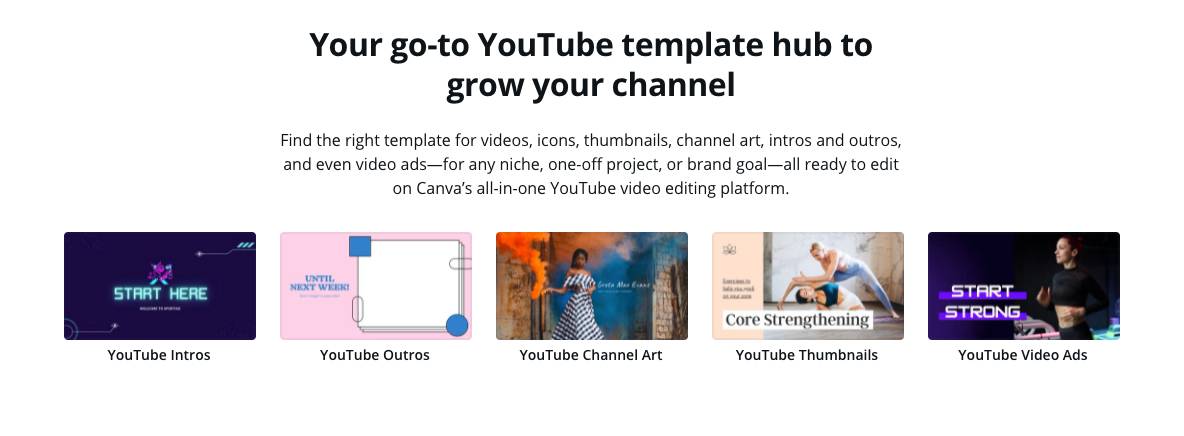 YouTube template hub showcasing intros, outros, thumbnails, channel art, and video ads options.
