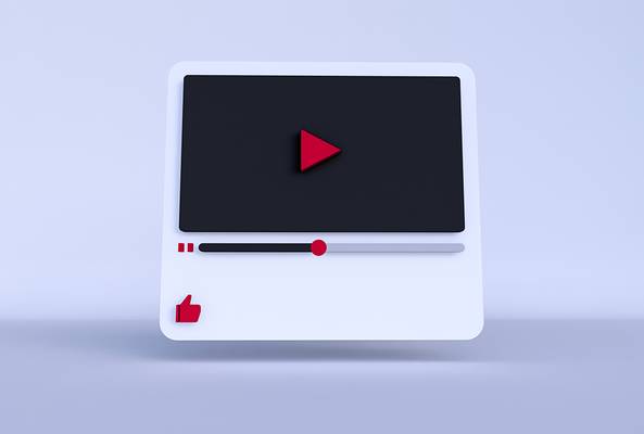Minimalist video player interface with play button, progress bar, and like icon in red and white.