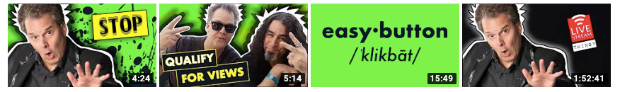 YouTuber gesturing stop, thumbnails for videos on qualifying for views and clickbait tips.